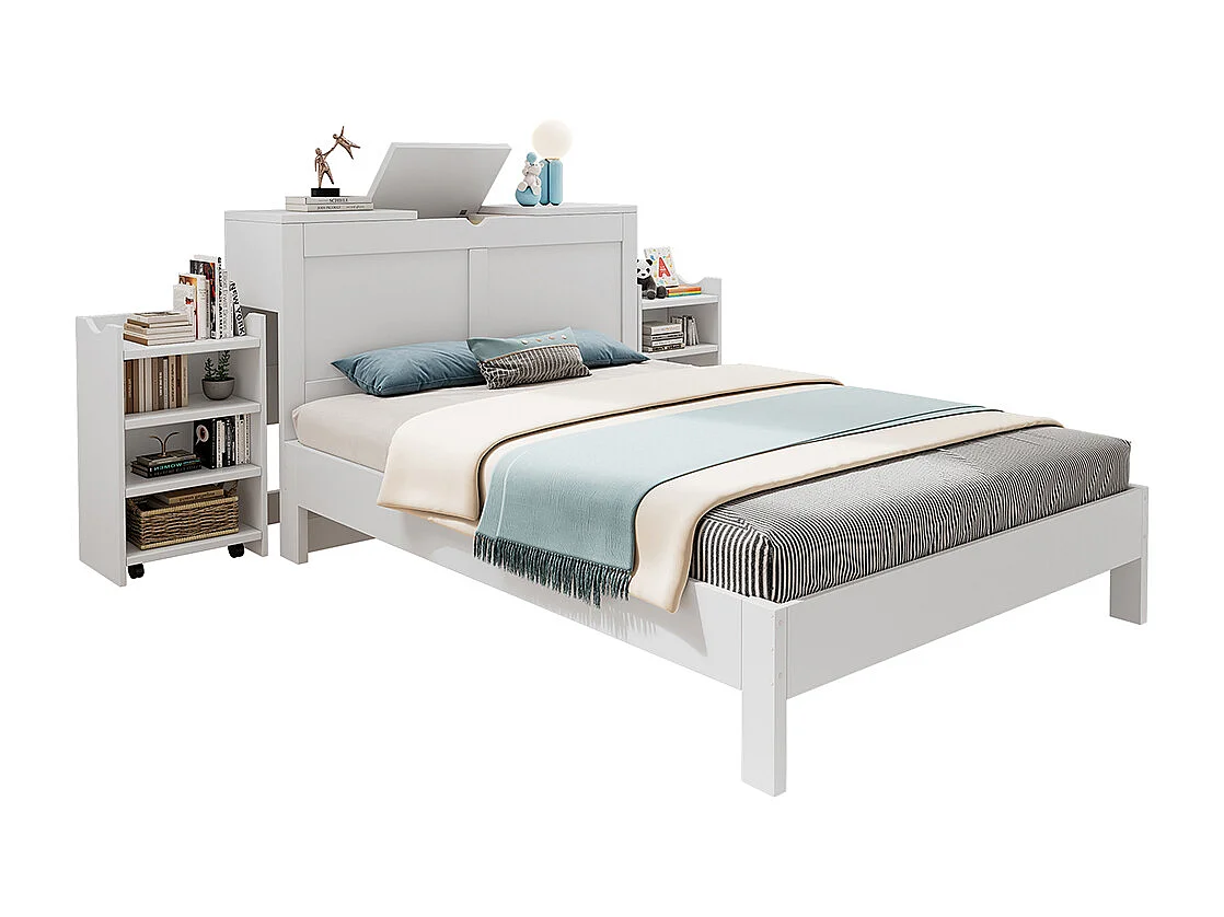 Lit double pour enfants 140 x 200 cm, avec sommier et tête de lit, équipé de 2 tables de chevet coulissantes, blanc