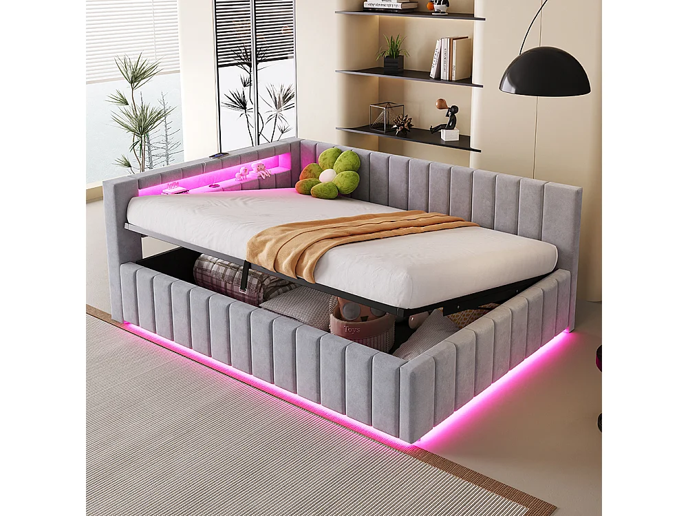 canapé-lit coffer 140x200 avec éclairage LED et port de charge USB, gris clair , tissu velours