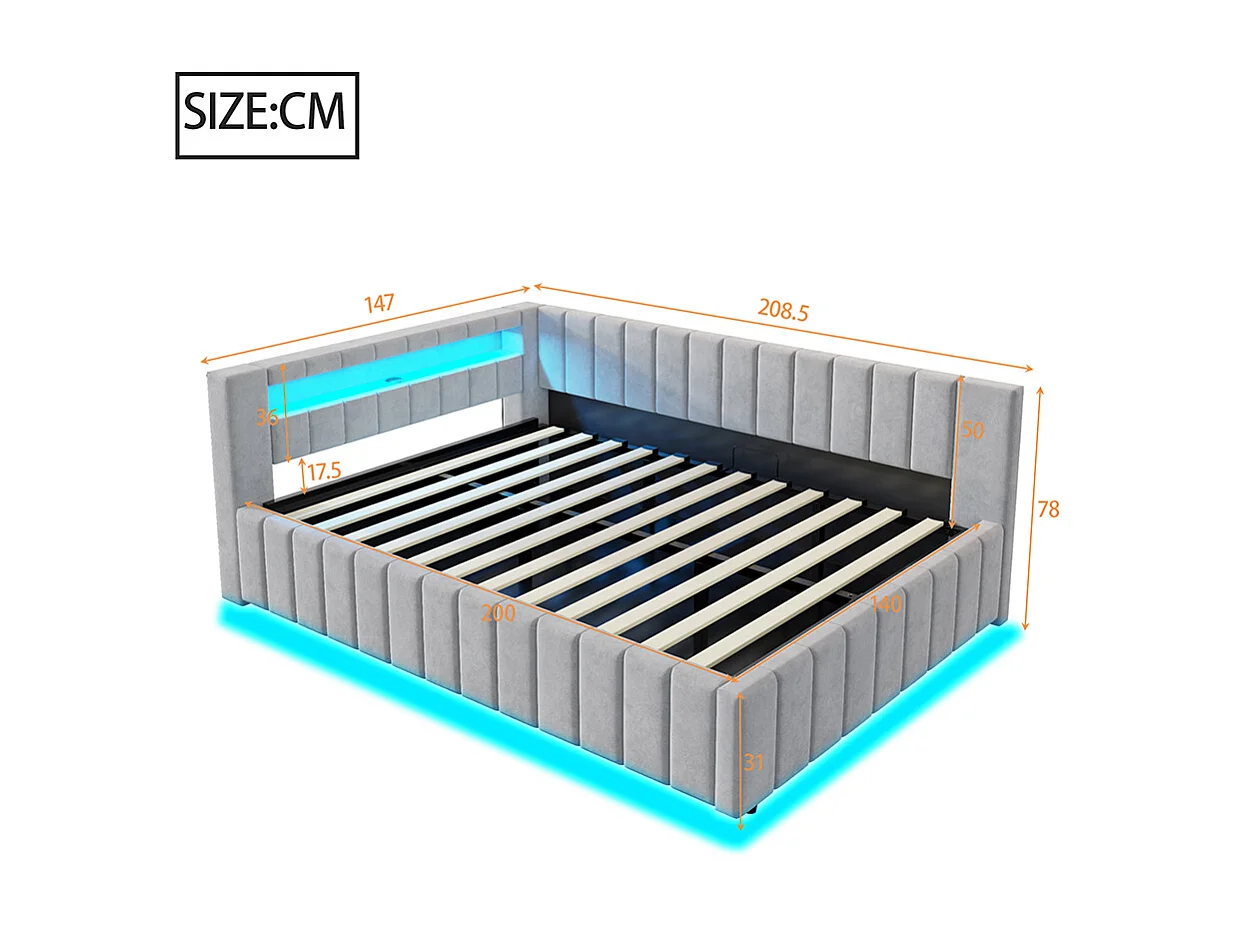 canapé-lit coffer 140x200 avec éclairage LED et port de charge USB, gris clair , tissu velours