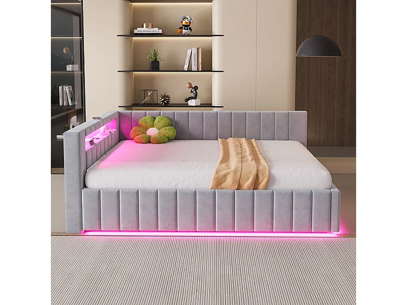 canapé-lit coffer 140x200 avec éclairage LED et port de charge USB, gris clair , tissu velours