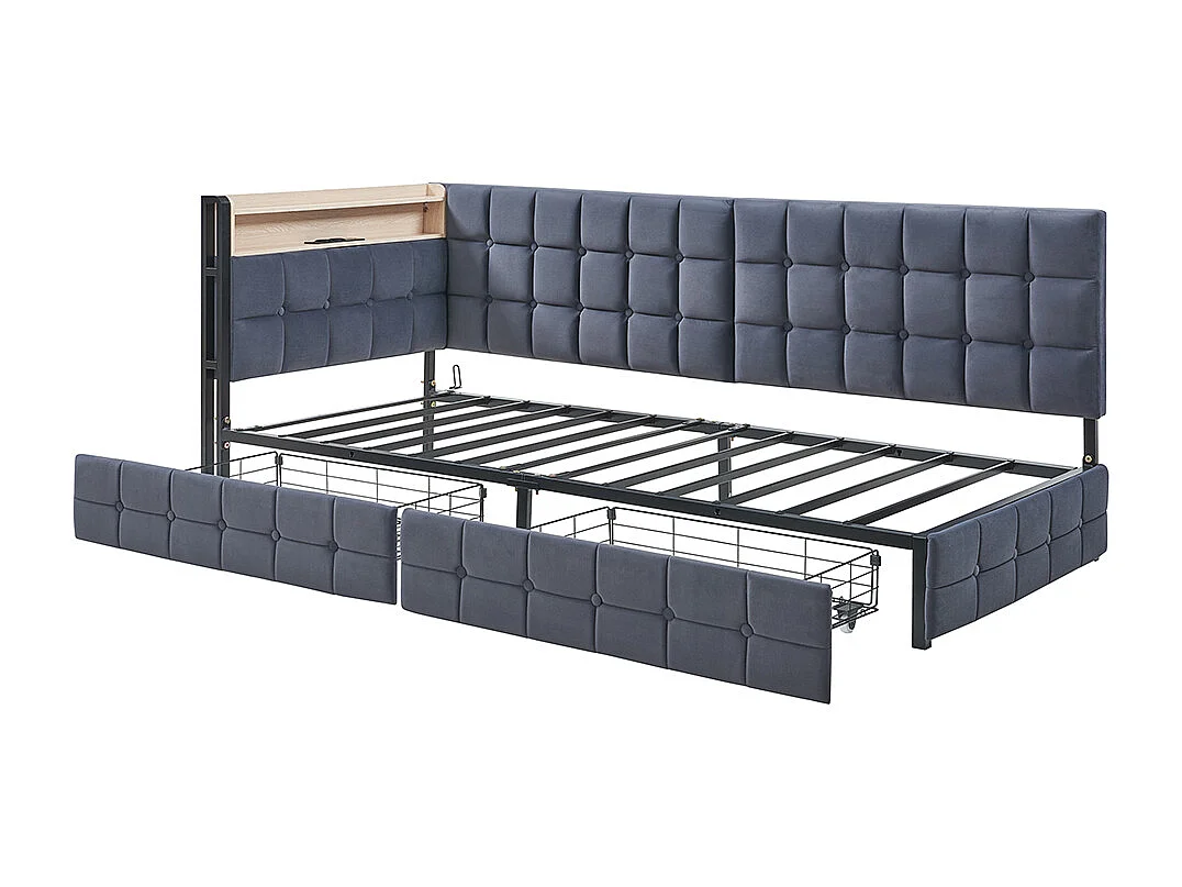 90 X 200 Divano letto per bambini con 2 cassetti e lampada da comodino a LED, porte USB e C-type, grigio