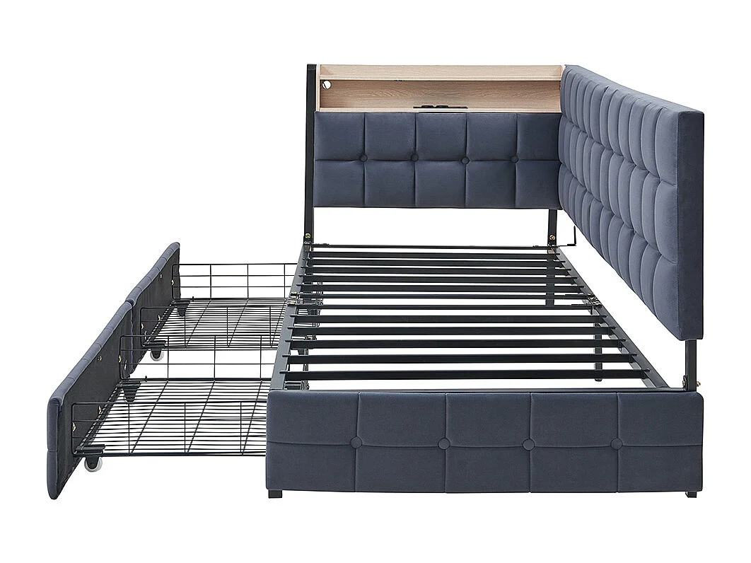 90 X 200 Divano letto per bambini con 2 cassetti e lampada da comodino a LED, porte USB e C-type, grigio