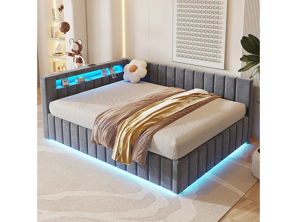 canapé-lit coffer 140x200 avec éclairage LED et port de charge USB, gris, tissu velours