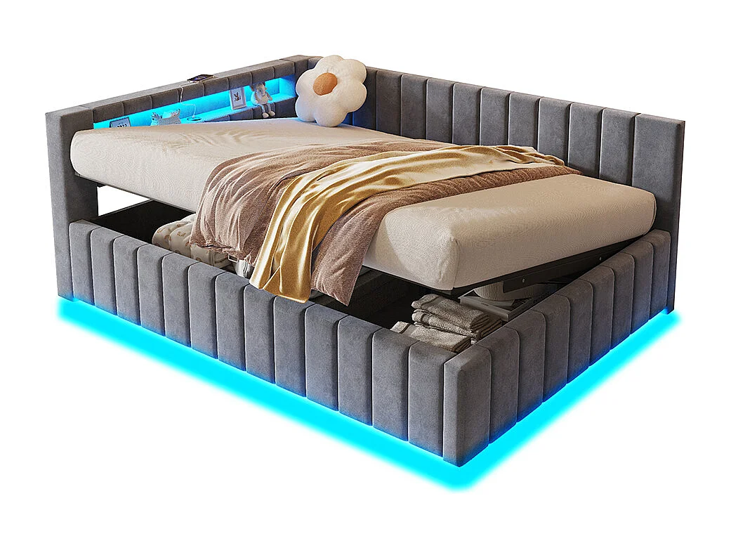 canapé-lit coffer 140x200 avec éclairage LED et port de charge USB, gris, tissu velours