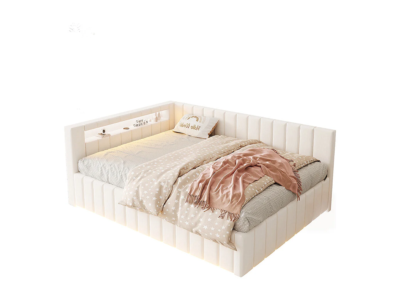 canapé-lit coffer 140x200 avec éclairage LED et port de charge USB, beige, tissu velours
