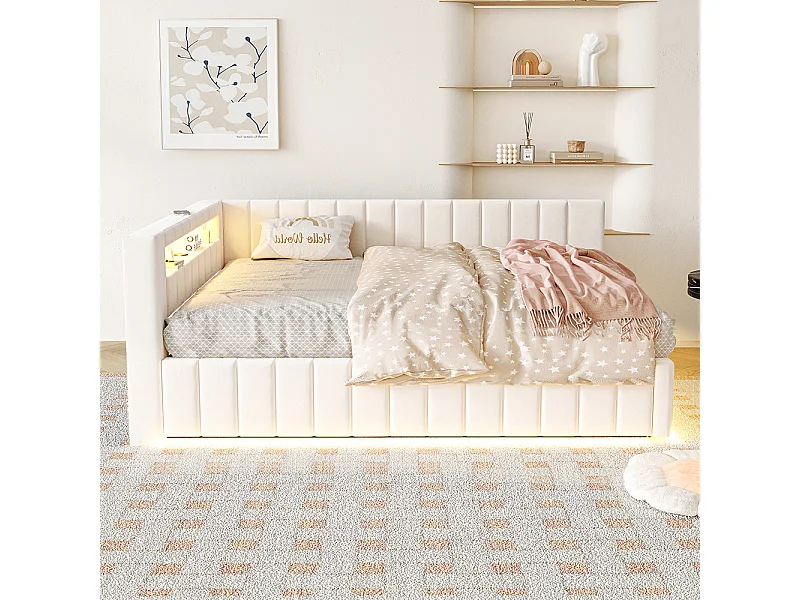 canapé-lit coffer 140x200 avec éclairage LED et port de charge USB, beige, tissu velours