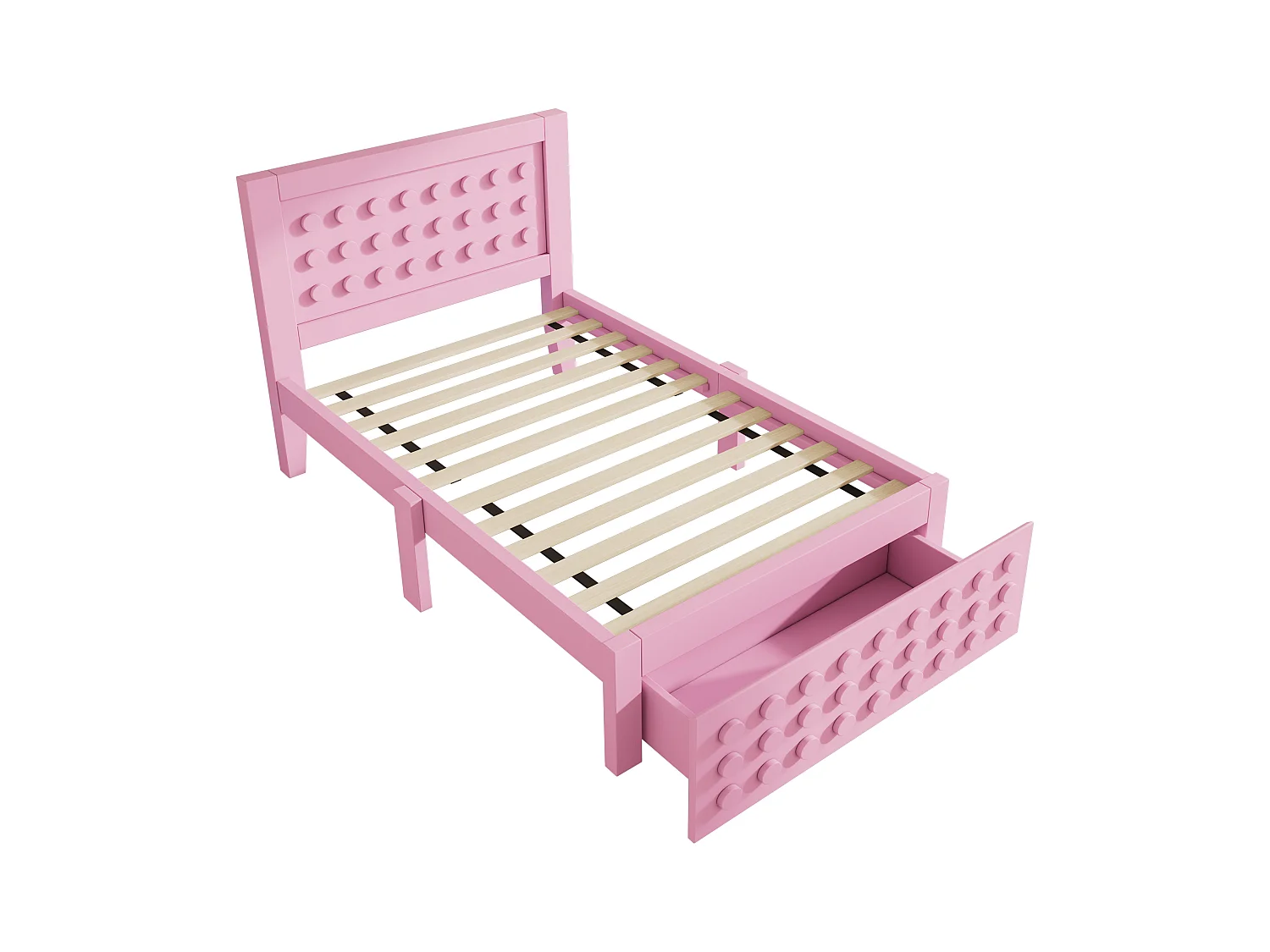 Lit simple pour enfant 90 x 190 cm, design créatif en forme de blocs de construction, bois massif, avec tiroir, rose.