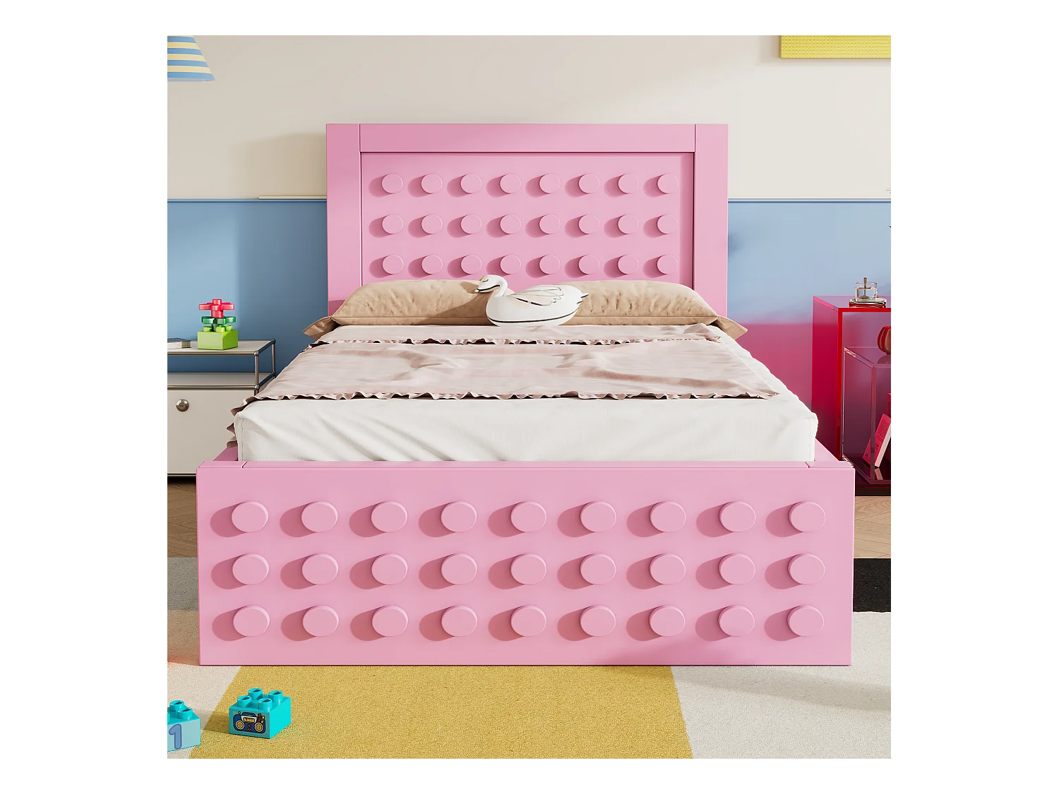 Einzelbett für Kinder 90 x 190 cm, kreatives Design in Form von Bausteinen, Massivholz, mit Schublade, rosa.