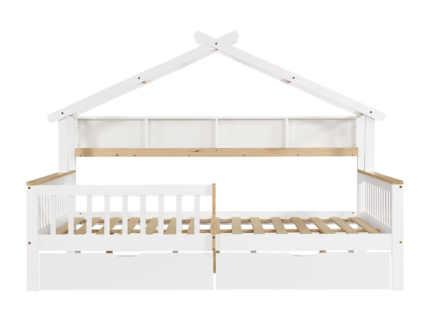 Kinderbed 140 x 200 cm, met zijhekken en veiligheidsnet, lades op wieltjes, grenen + mdf, wit + naturelkleur