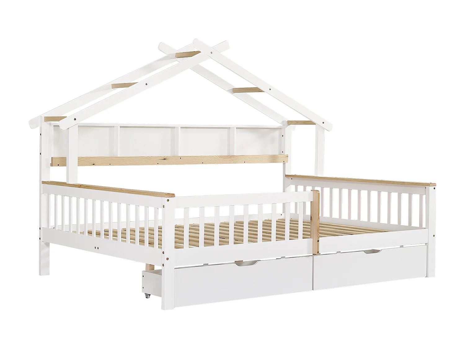 Kinderbed 140 x 200 cm, met zijhekken en veiligheidsnet, lades op wieltjes, grenen + mdf, wit + naturelkleur