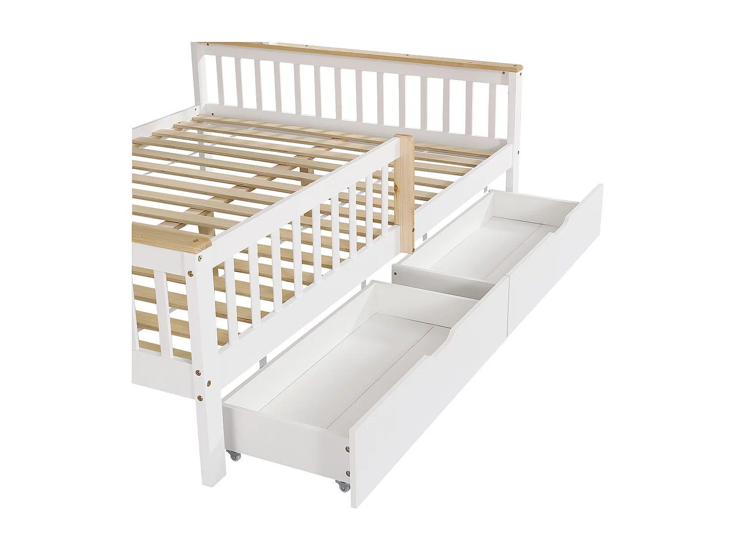 Kinderbed 140 x 200 cm, met zijhekken en veiligheidsnet, lades op wieltjes, grenen + mdf, wit + naturelkleur