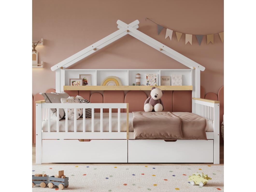 Letto per bambini 140 x 200 cm, con sponde e rete di protezione, cassetti con rotelle, pino + mdf, bianco + colore naturale