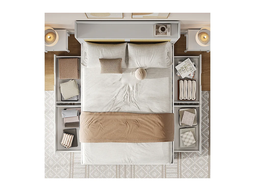 Doppelbett für Erwachsene 140 x 200 cm, aus Massivholz, mit Rattanverzierungen, mit Schubladen, ohne Matratze, weiß.