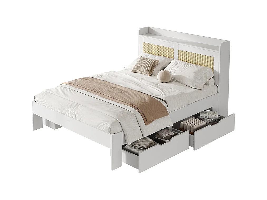 Doppelbett für Erwachsene 140 x 200 cm, aus Massivholz, mit Rattanverzierungen, mit Schubladen, ohne Matratze, weiß.