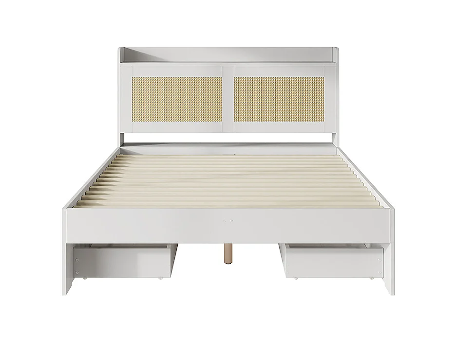 Doppelbett für Erwachsene 140 x 200 cm, aus Massivholz, mit Rattanverzierungen, mit Schubladen, ohne Matratze, weiß.