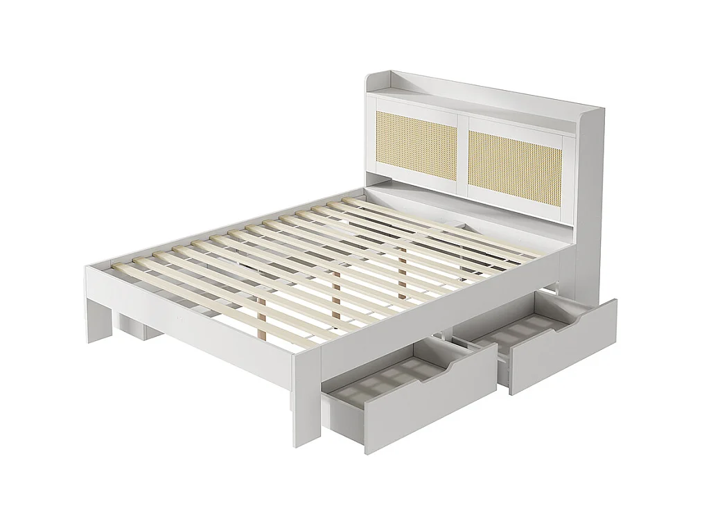 Doppelbett für Erwachsene 140 x 200 cm, aus Massivholz, mit Rattanverzierungen, mit Schubladen, ohne Matratze, weiß.