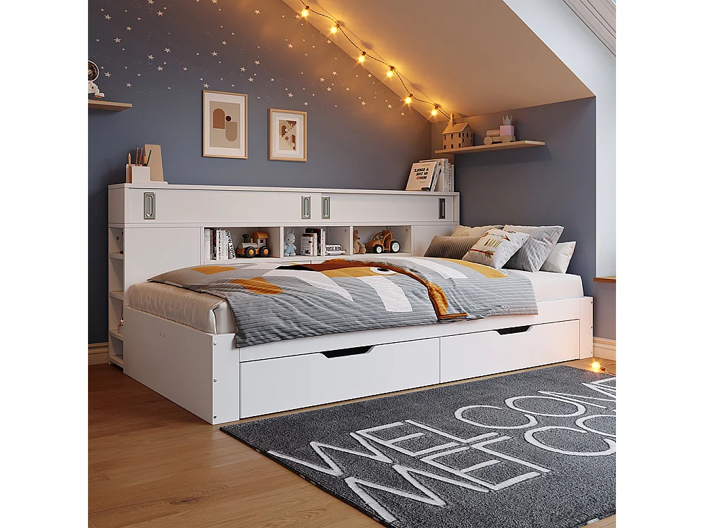 Eenpersoonsbed voor kinderen 140 x 200 cm, met lades, planken en opbergkast, opbergruimte onder het bed, zonder matras, wit.