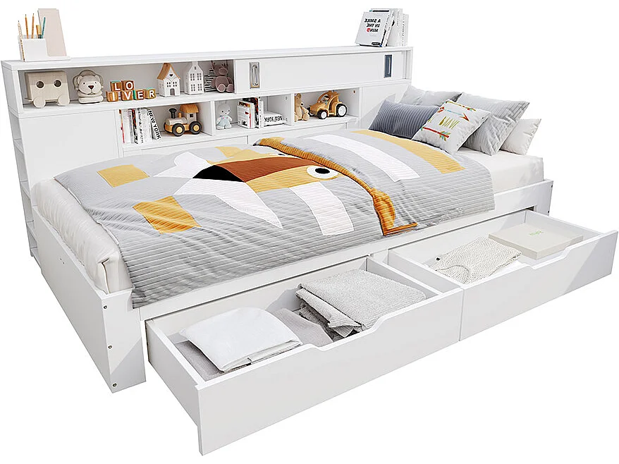 Eenpersoonsbed voor kinderen 140 x 200 cm, met lades, planken en opbergkast, opbergruimte onder het bed, zonder matras, wit.