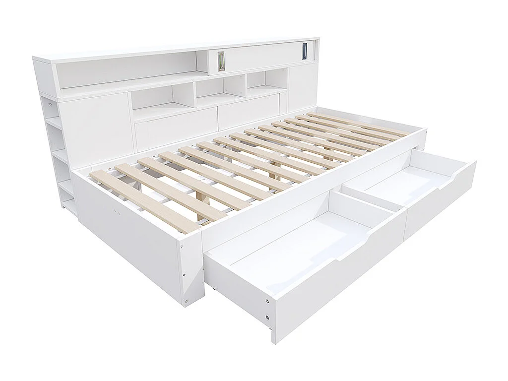 Eenpersoonsbed voor kinderen 140 x 200 cm, met lades, planken en opbergkast, opbergruimte onder het bed, zonder matras, wit.