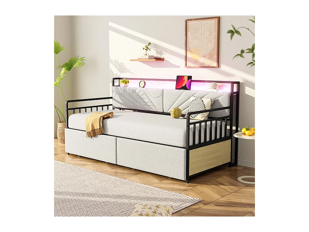 Canapé-lit 90 x 200 cm, avec éclairage LED, compartiment de rangement et prise multifonctionnelle, structure métallique,beige