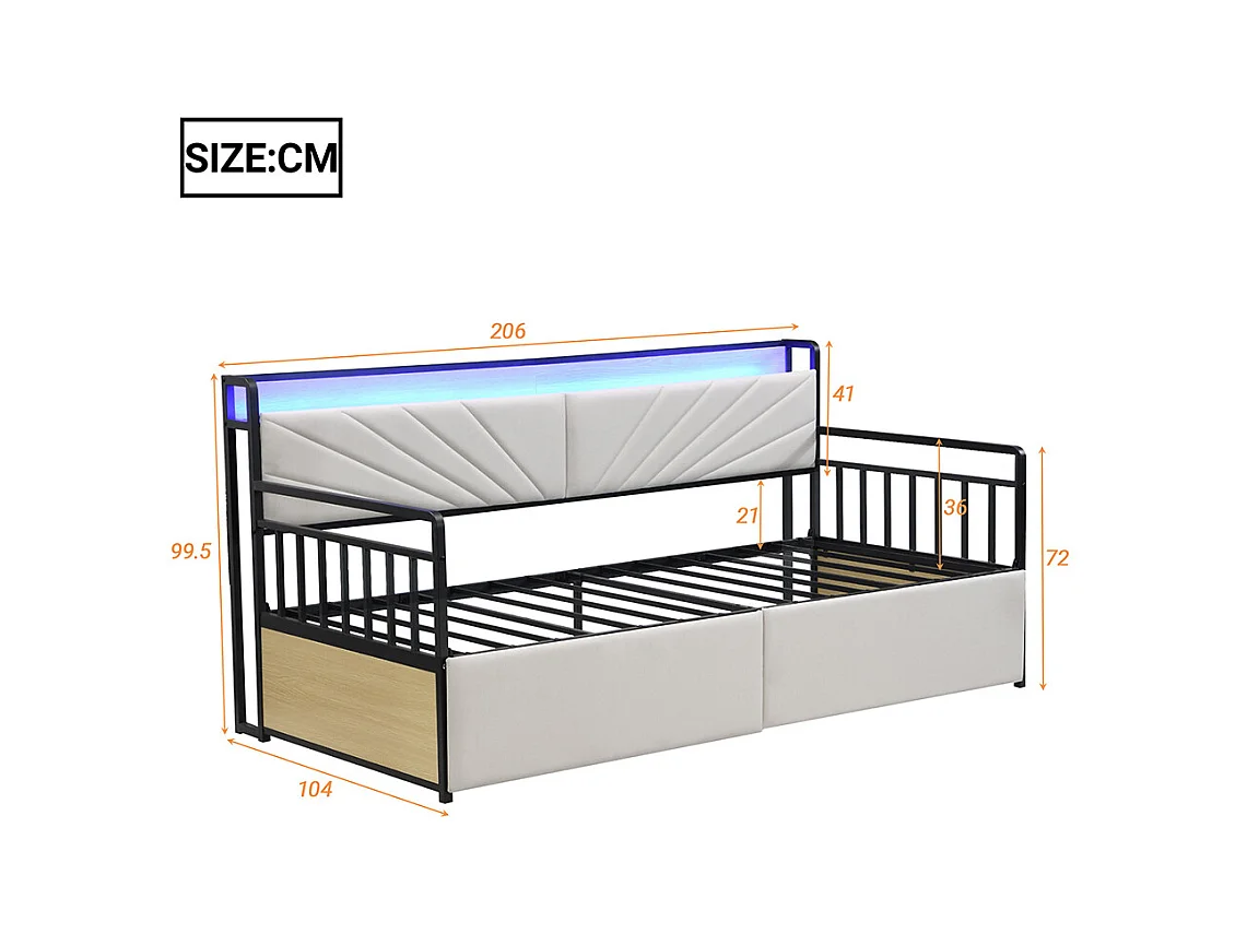 Canapé-lit 90 x 200 cm, avec éclairage LED, compartiment de rangement et prise multifonctionnelle, structure métallique,beige
