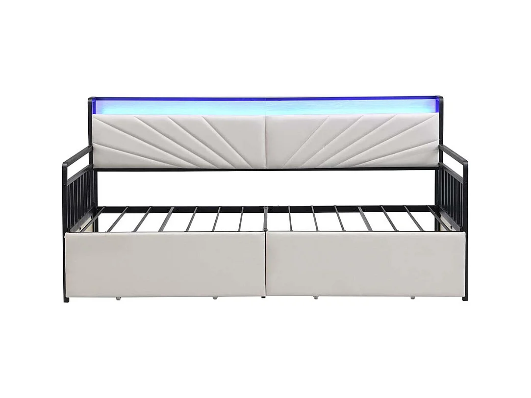 Canapé-lit 90 x 200 cm, avec éclairage LED, compartiment de rangement et prise multifonctionnelle, structure métallique,beige