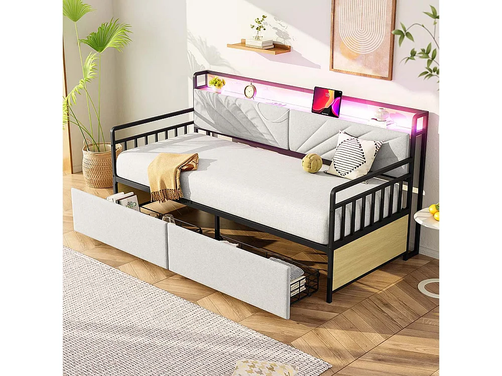 Canapé-lit 90 x 200 cm, avec éclairage LED, compartiment de rangement et prise multifonctionnelle, structure métallique,beige