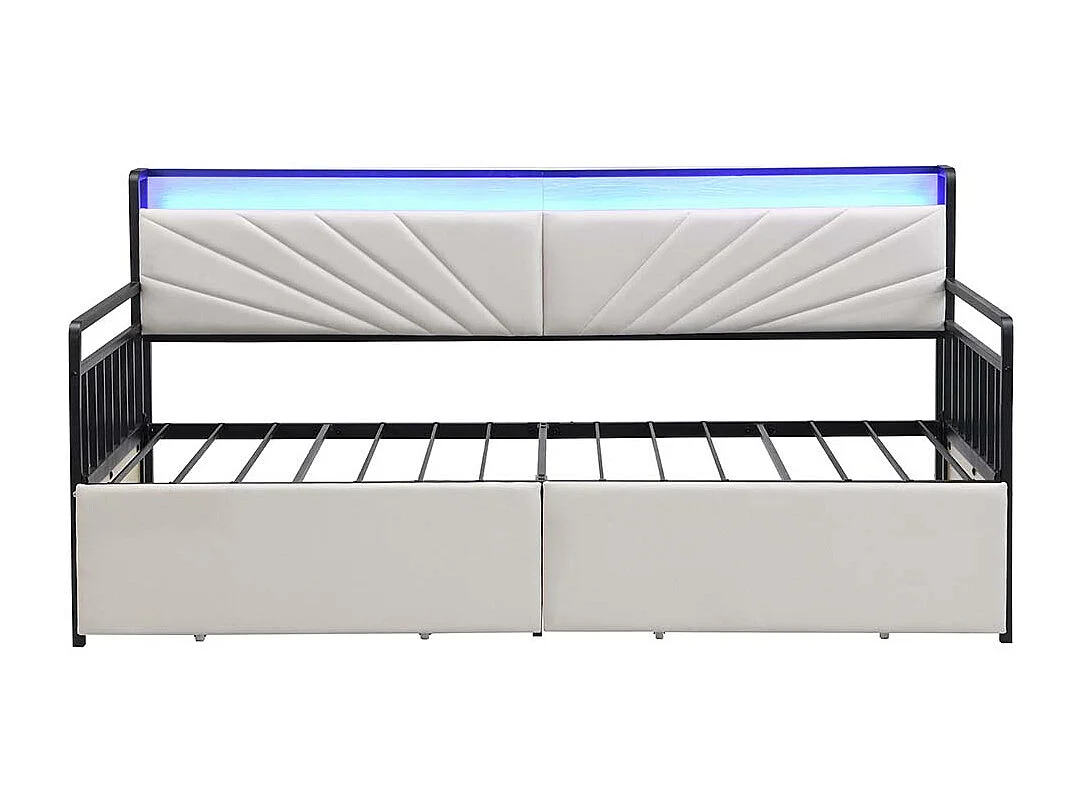 Canapé-lit 90 x 200 cm, avec éclairage LED, compartiment de rangement et prise multifonctionnelle, structure métallique,beige