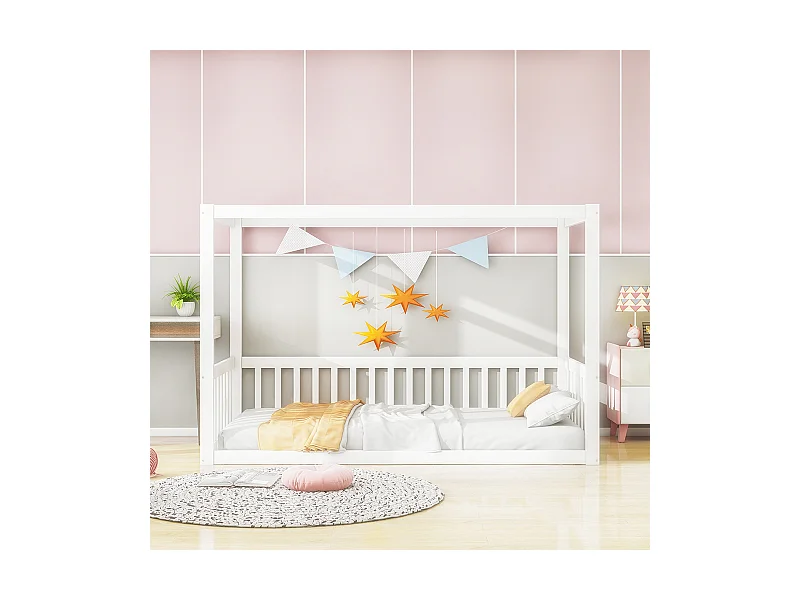 Kinder-Himmelbett 90 x 200 cm, Rahmen aus Massivholz, weiß