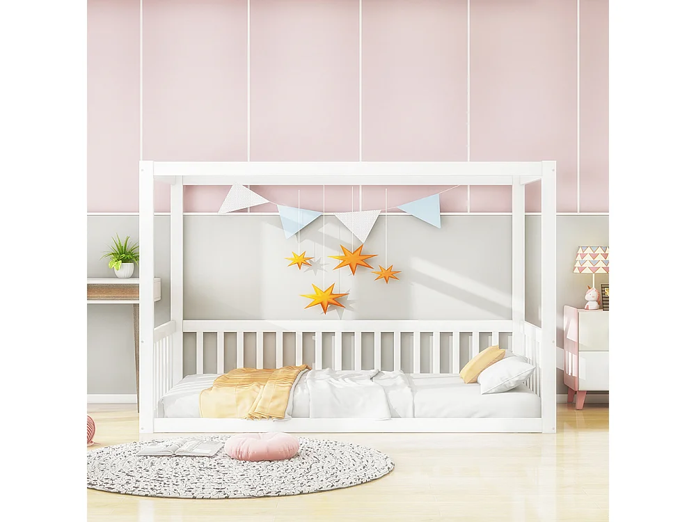 Lit à baldaquin pour enfants 90 x 200 cm, cadre en bois massif, blanc