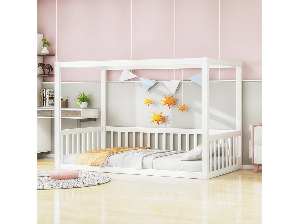 Lit à baldaquin pour enfants 90 x 200 cm, cadre en bois massif, blanc