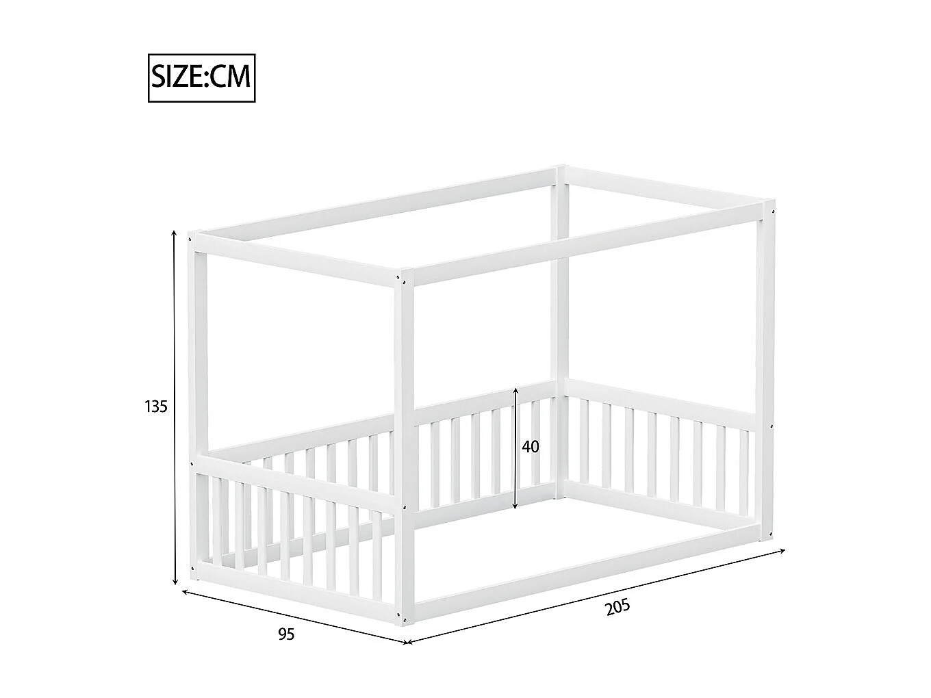 Lit à baldaquin pour enfants 90 x 200 cm, cadre en bois massif, blanc