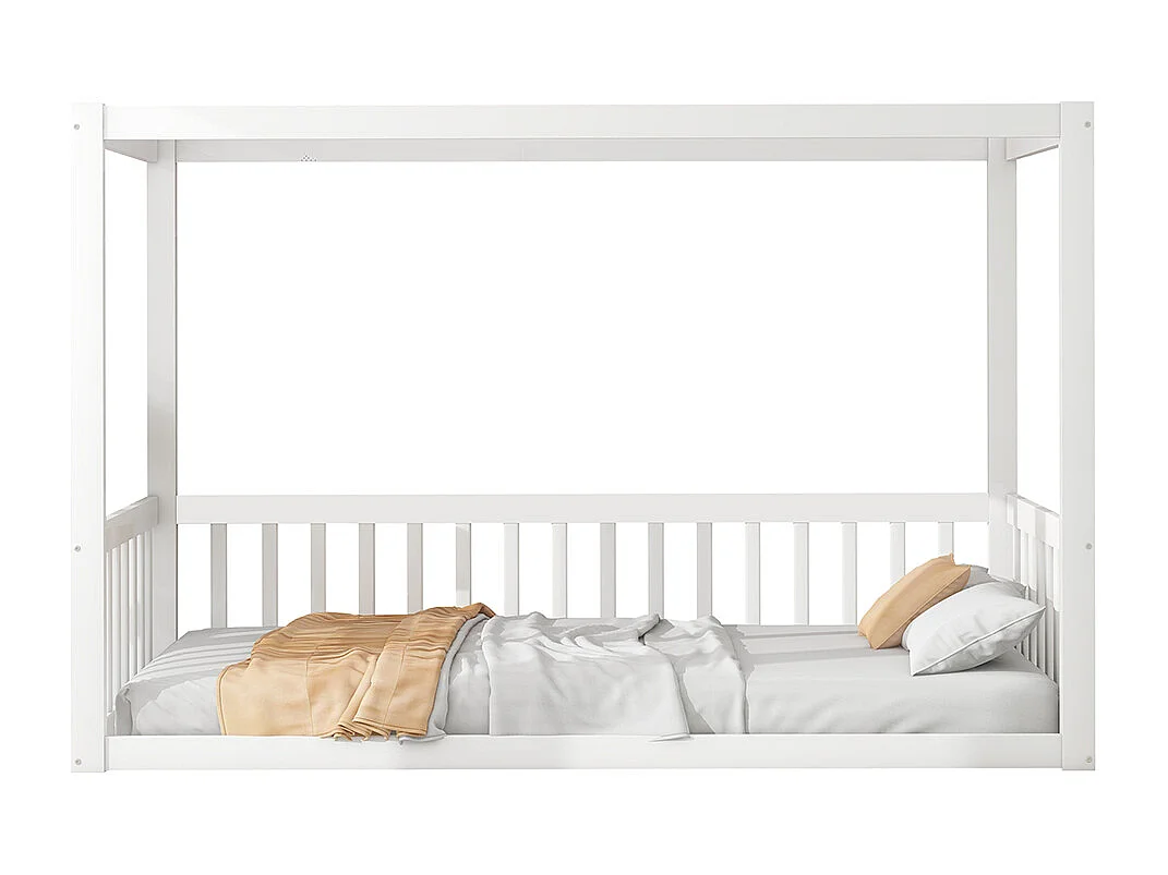 Lit à baldaquin pour enfants 90 x 200 cm, cadre en bois massif, blanc