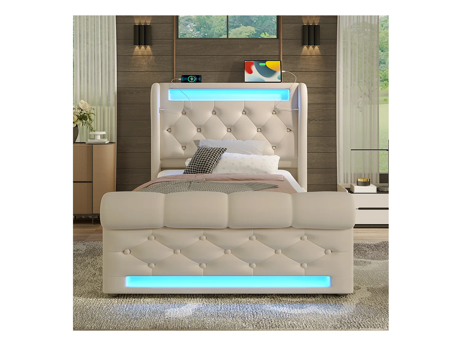 Letto singolo per adulti 90 x 200 cm, con illuminazione a LED, porte USB e Type-C, sistema idraulico, colore beige, velluto