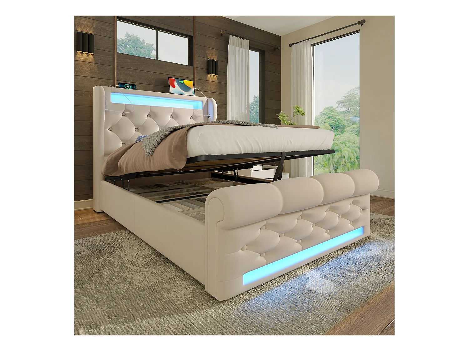 Letto singolo per adulti 90 x 200 cm, con illuminazione a LED, porte USB e Type-C, sistema idraulico, colore beige, velluto