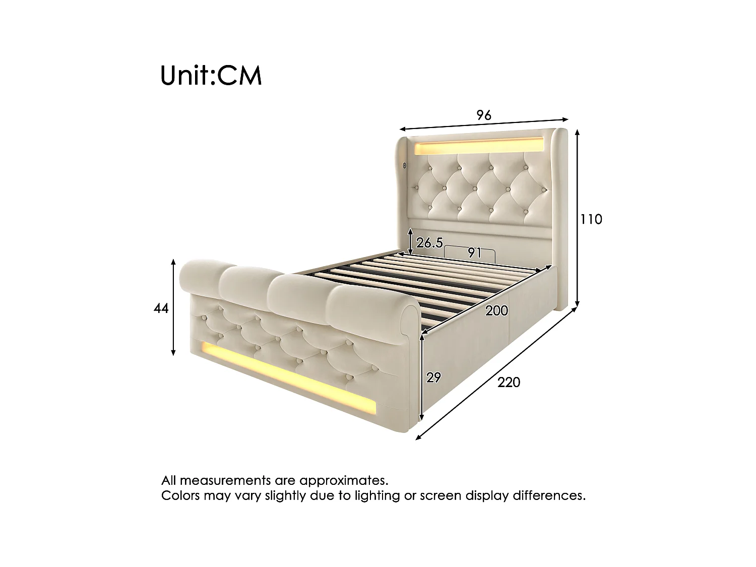Letto singolo per adulti 90 x 200 cm, con illuminazione a LED, porte USB e Type-C, sistema idraulico, colore beige, velluto