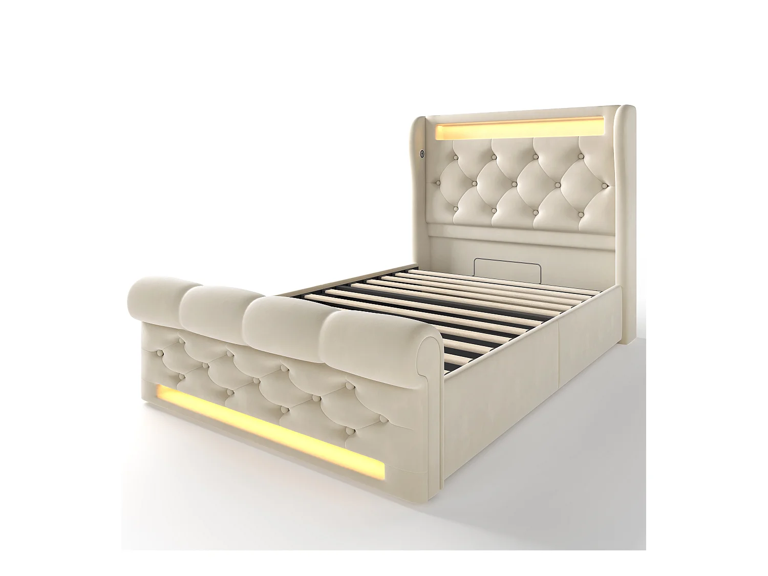 Letto singolo per adulti 90 x 200 cm, con illuminazione a LED, porte USB e Type-C, sistema idraulico, colore beige, velluto