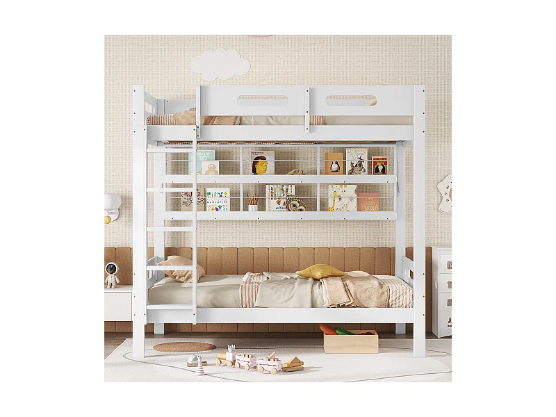 Etagenbett für Kinder, 90 x 200 cm, mit Sicherheitsbarrieren, offenen Regalen, aus Kiefer + MDF, weiß