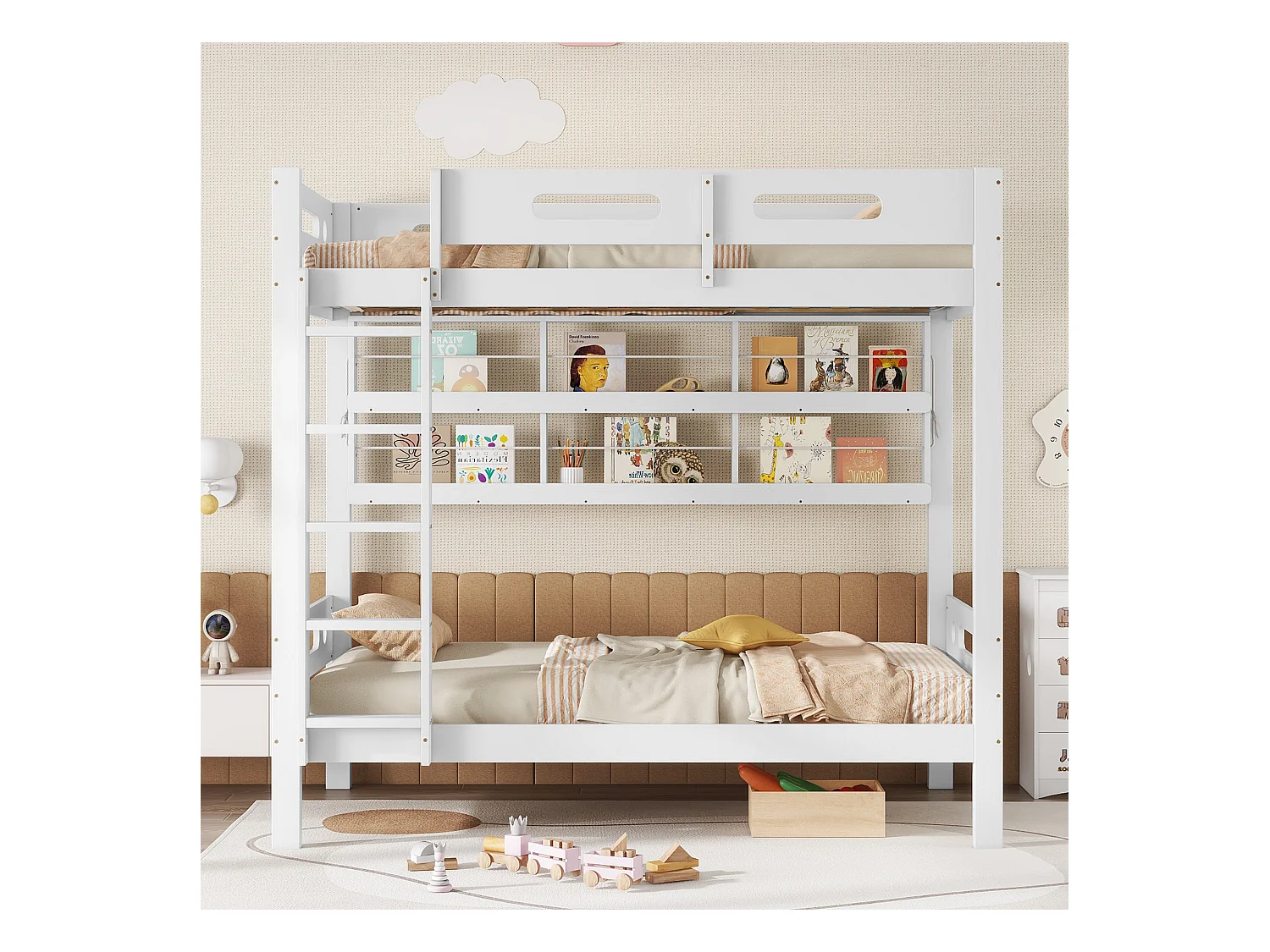 Stapelbed voor kinderen, 90 x 200 cm, met veiligheidshekken, open planken, van grenen + mdf, wit