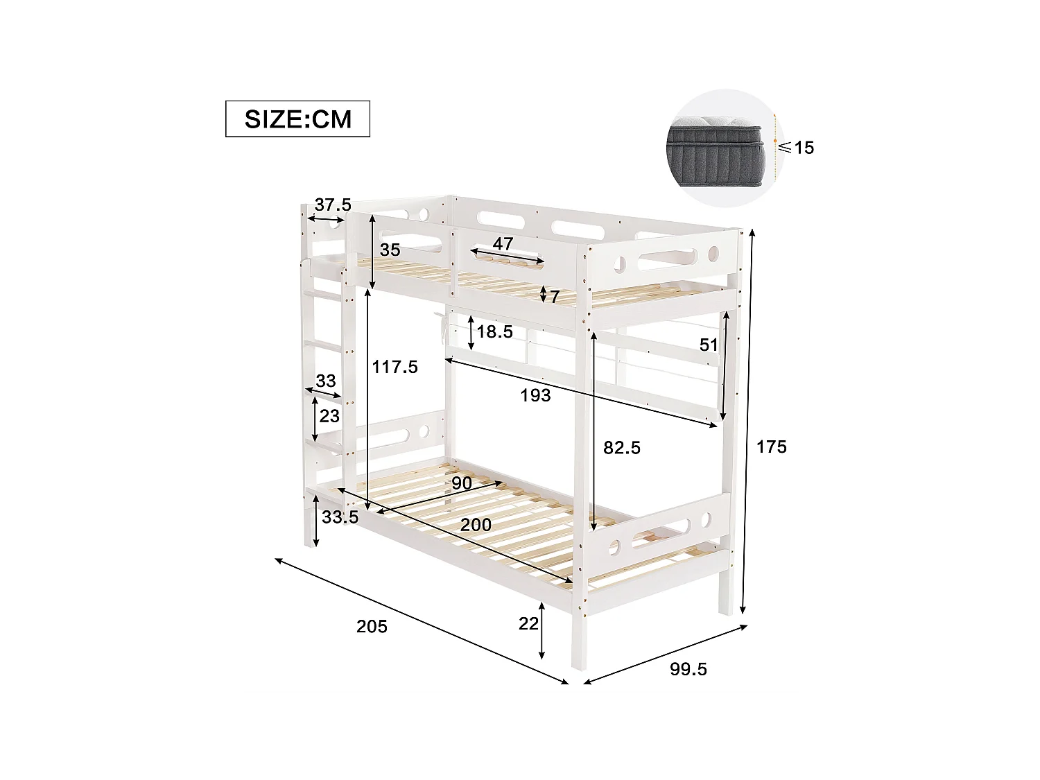 Stapelbed voor kinderen, 90 x 200 cm, met veiligheidshekken, open planken, van grenen + mdf, wit