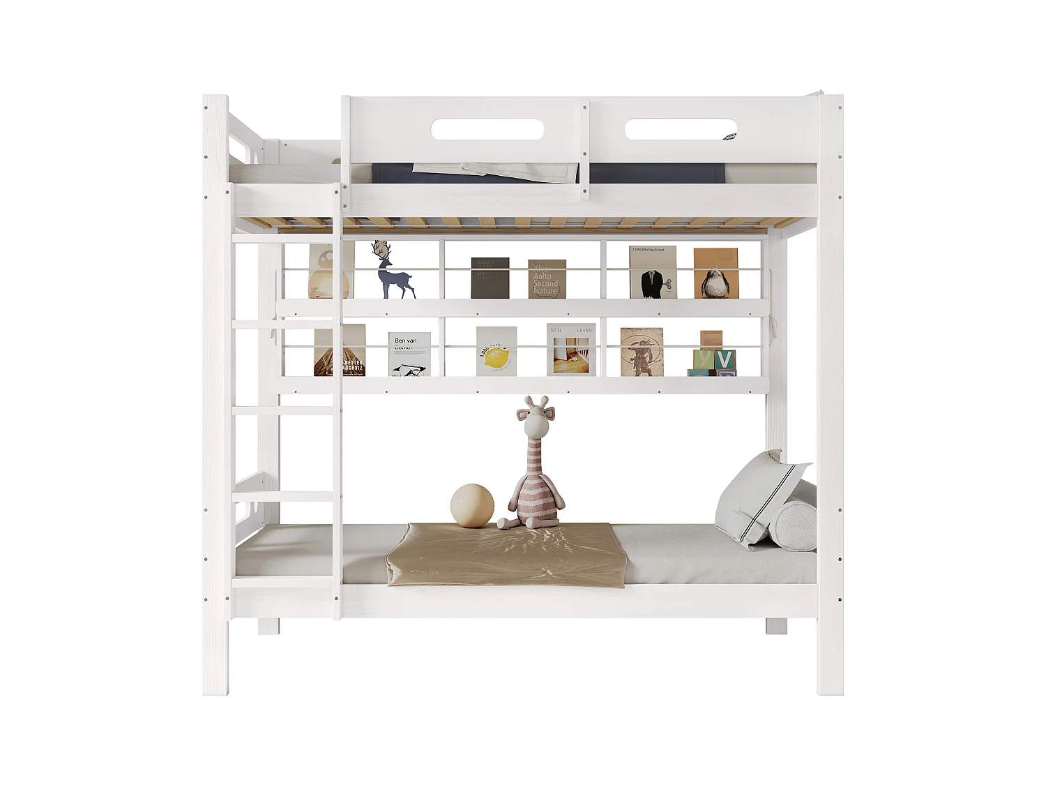 Stapelbed voor kinderen, 90 x 200 cm, met veiligheidshekken, open planken, van grenen + mdf, wit