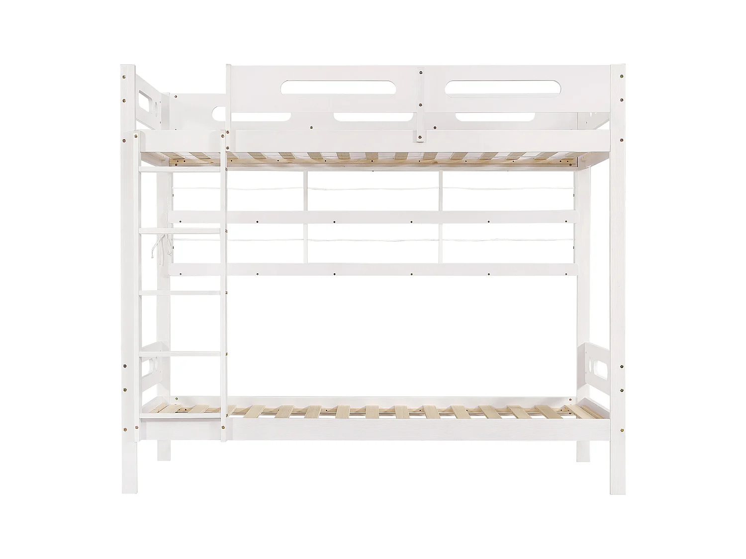 Stapelbed voor kinderen, 90 x 200 cm, met veiligheidshekken, open planken, van grenen + mdf, wit