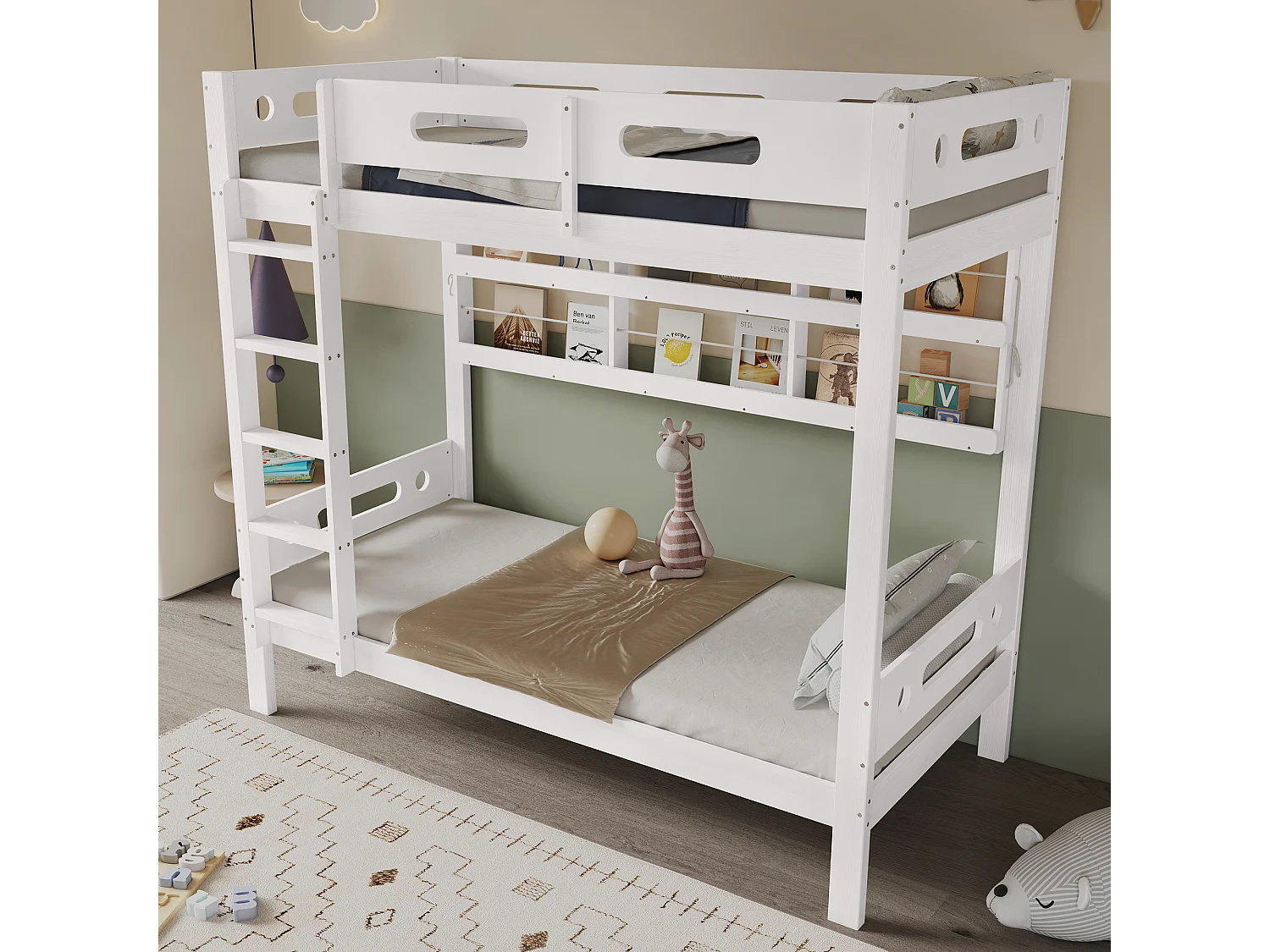 Lit superposé pour enfants, 90 x 200 cm, avec barrières de sécurité, étagères ouvertes, en pin + mdf, blanc