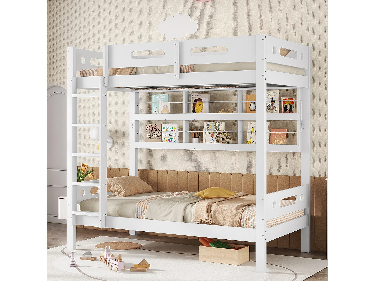 Lit superposé pour enfants, 90 x 200 cm, avec barrières de sécurité, étagères ouvertes, en pin + mdf, blanc