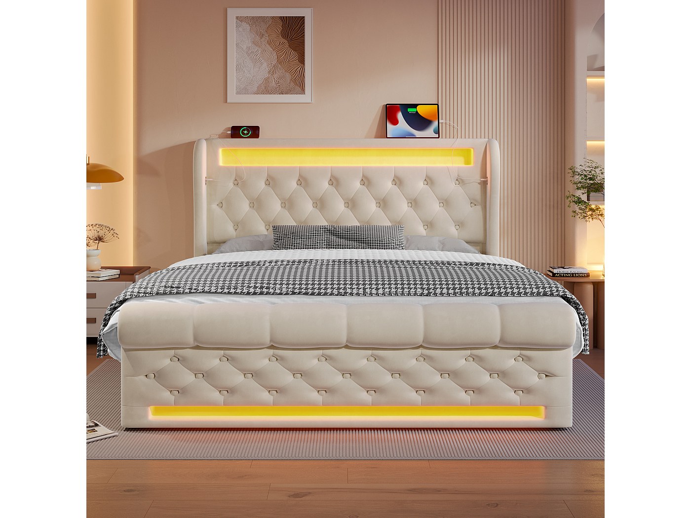 Letto Matrimoniale Imbottito 140x200 Cm Con Testiera Regolabile E Luci LED Smart – Struttura Stabile Con Doghe In Legno – Pelle Di Qualità – Senza Materasso - 4