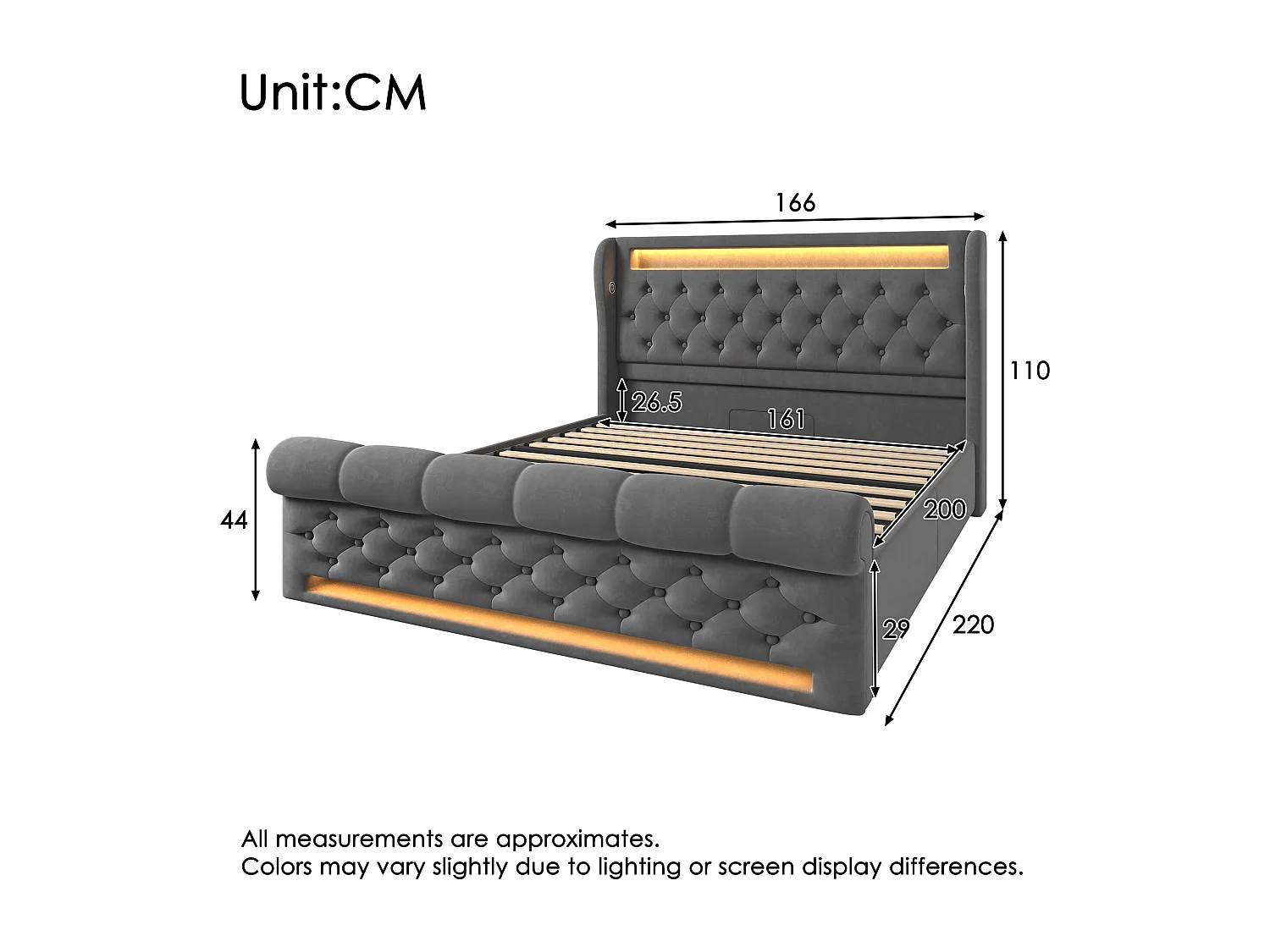 Lit hydraulique pour adulte 160 x 200 cm, avec éclairage LED, ports USB et Type-C, gris, velours (sans matelas)