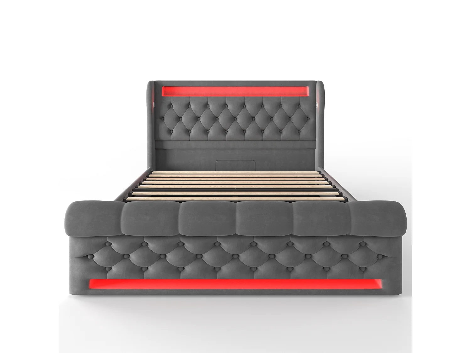 Lit hydraulique pour adulte 160 x 200 cm, avec éclairage LED, ports USB et Type-C, gris, velours (sans matelas)