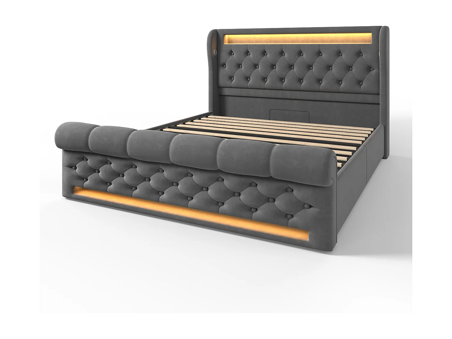 Lit hydraulique pour adulte 160 x 200 cm, avec éclairage LED, ports USB et Type-C, gris, velours (sans matelas)