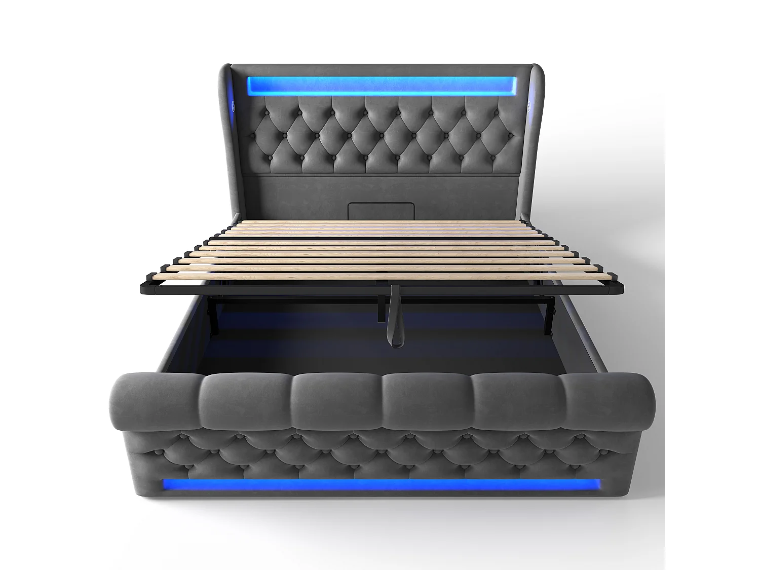 Lit hydraulique pour adulte 160 x 200 cm, avec éclairage LED, ports USB et Type-C, gris, velours (sans matelas)