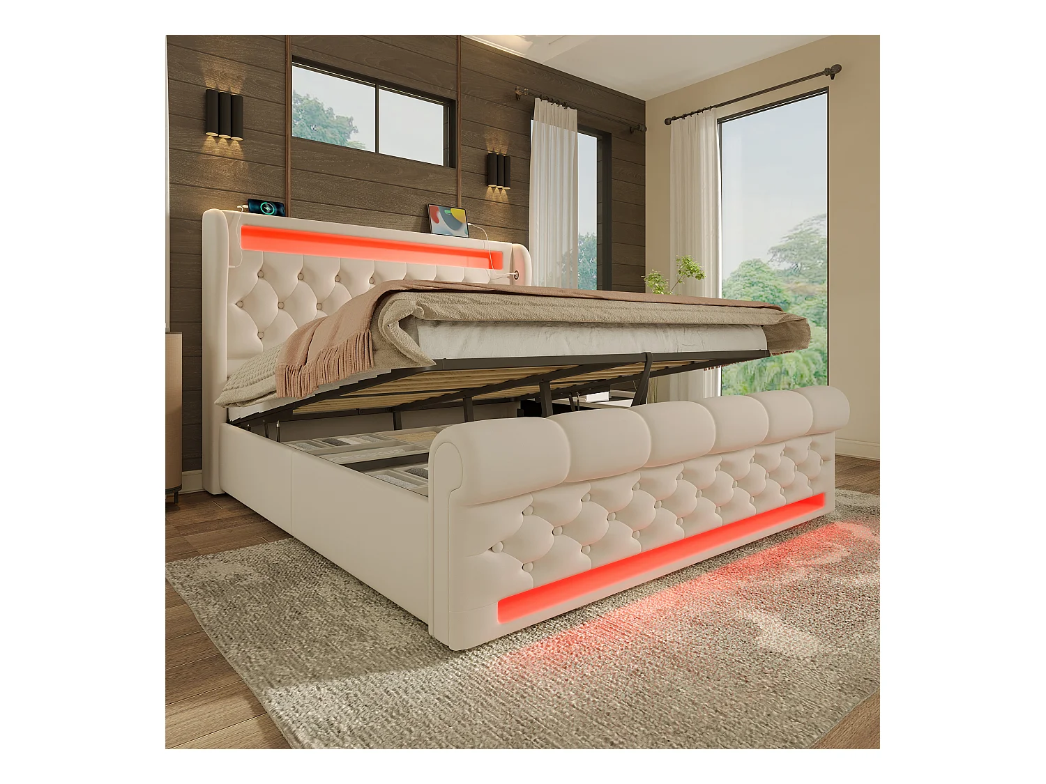 Lit hydraulique pour adulte 160 x 200 cm, avec éclairage LED, ports USB et Type-C, couleur beige, velours (sans matelas)